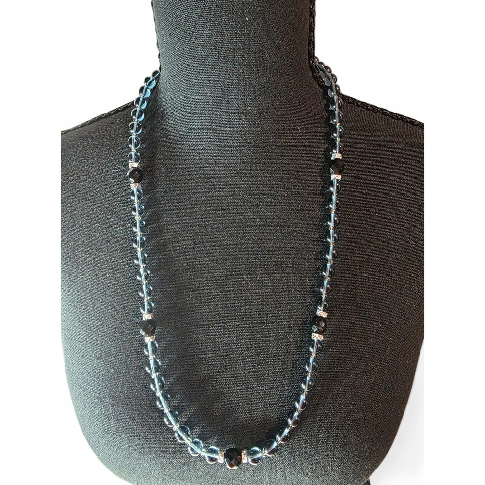Vintage Montana Deep Blue and Jet Black Crystal Bead Necklace Rhinestone Spacers
